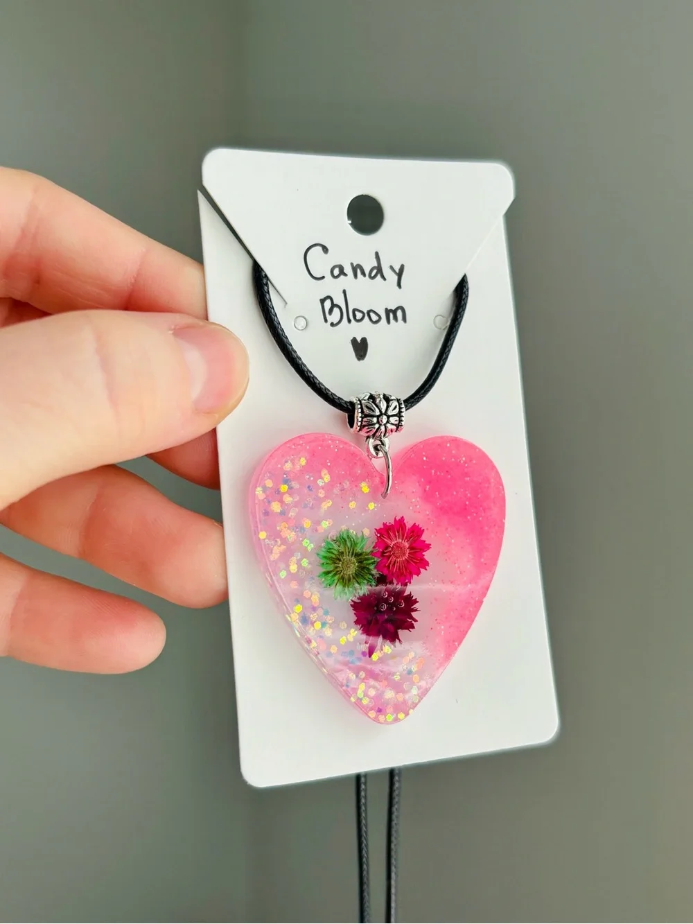 Candy Bloom Resin Heart Necklace Handmade Dried Flower Pink Pendant